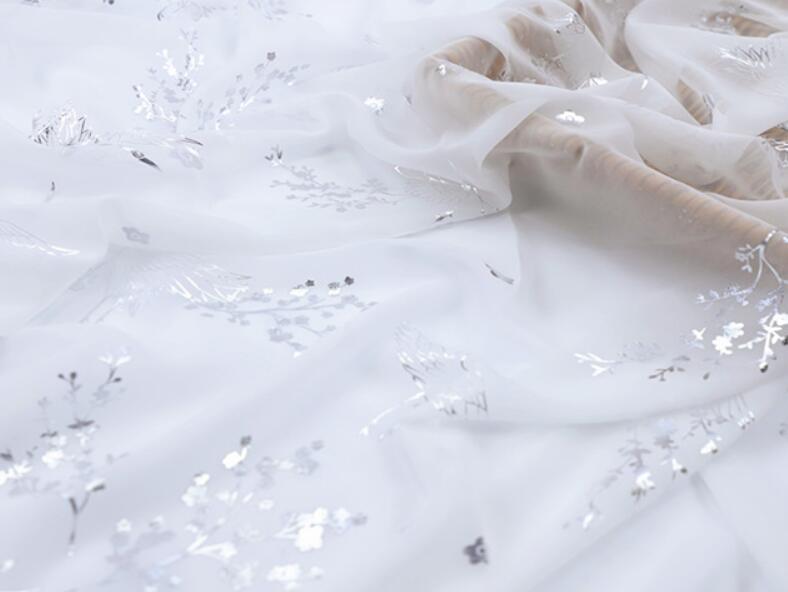 Dress Dancing Fabric Bronzing Chiffon Fabric Flower Shiny Fabric Bronzed Costume Material DIY Stage Cosplay Dress 1Meter: white