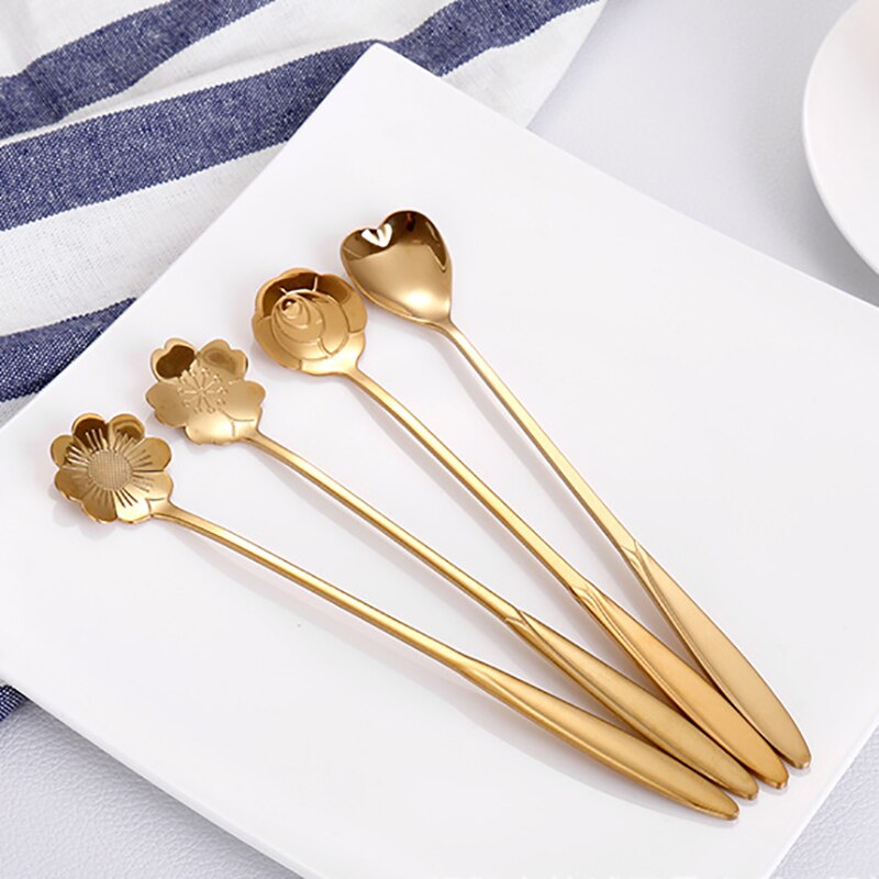 1Pcs Silver/Gold Long Handle Drink Tableware Vintage Teaspoons Mixing Spoon Kitchen Accessories 410 Stainless Steel