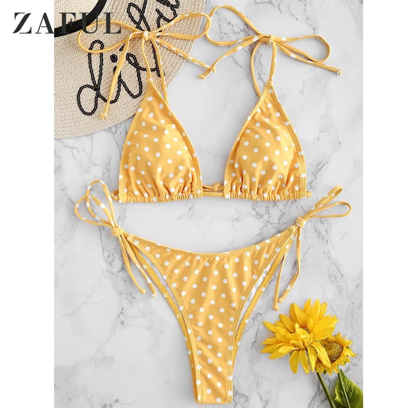 Zaful Polka Dot String Swimwears Spaghettibandjes Hoge Cut Bikini Draad Gratis Padded Badpak Sexy Badpak