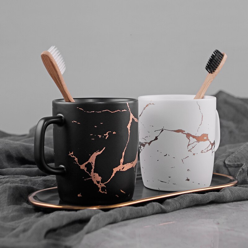 Tasses en céramique japonaise marbre plaqué or | Tasses à café blanc et noir, tasse de petit déjeuner