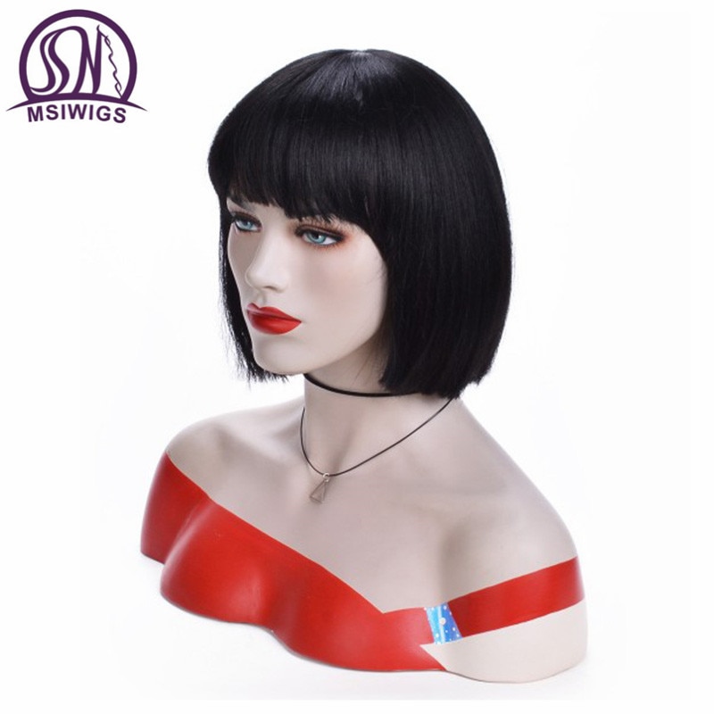 Msiwigs bob hair mustat lyhyet peruukit naisille suorat synteettiset hiukset peruukki otsatukkalla tuhkanharmaat hiukset lämmönkestävä kuitu