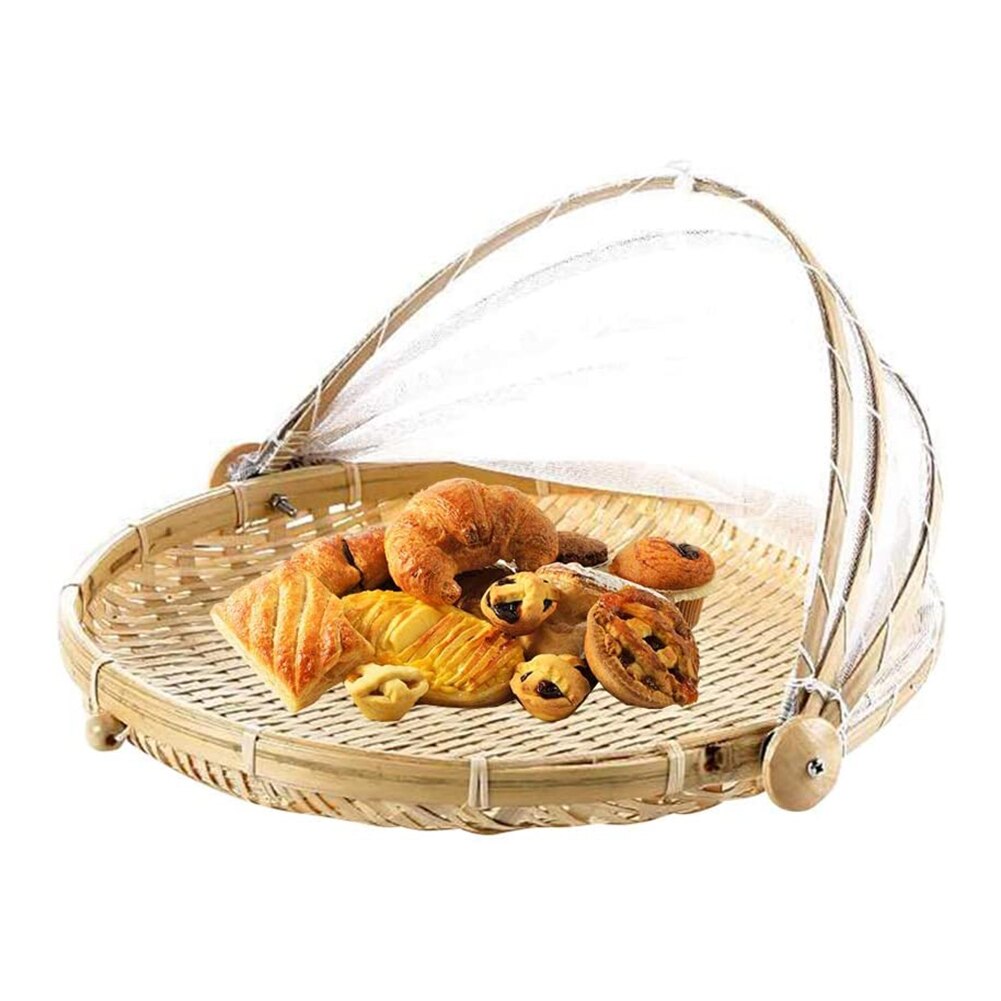 Bambu picknick mat servering korg anti flugor insekt nät täcka bröd frukt bricka