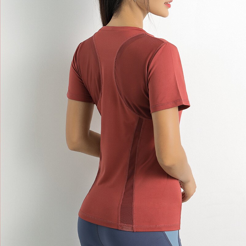 Mesh stitching sports T-shirt ladies summer slim crew neck short sleeve yoga quick drying breathable fitness running jacket: Red / M