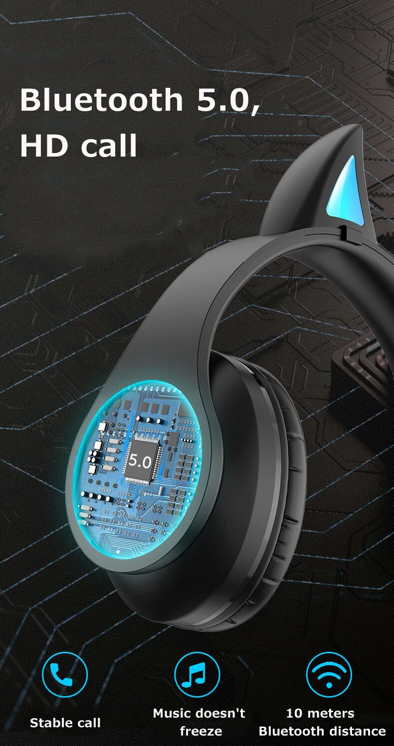 Glowing Devil Ear Headphones - LED Wireless HIFI Stereo Bass with Mic - Kids Headset