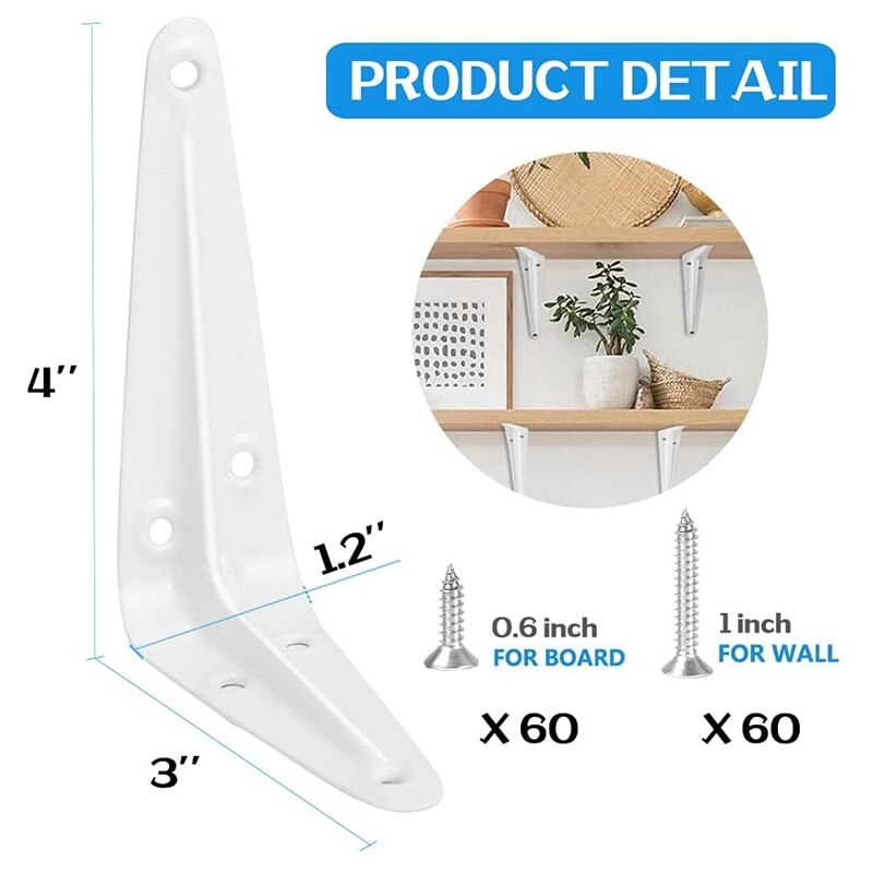 Shelf Brackets White, Heavy Duty Steel Metal L Brackets For Shelves, J Brackets Wall Angle Corner Brace For Wood Board