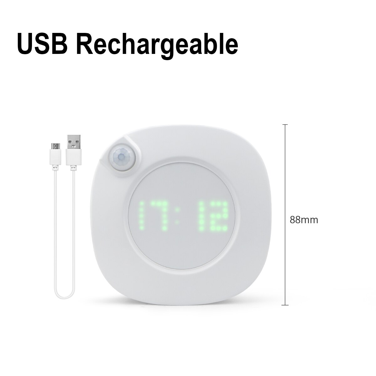 PIR Motion Sensor LED Clock Digital Display Rotate Dimmable Night Clock Lights White/ Warm White USB/Battery Powered Wall Clock: USB Rechargeable