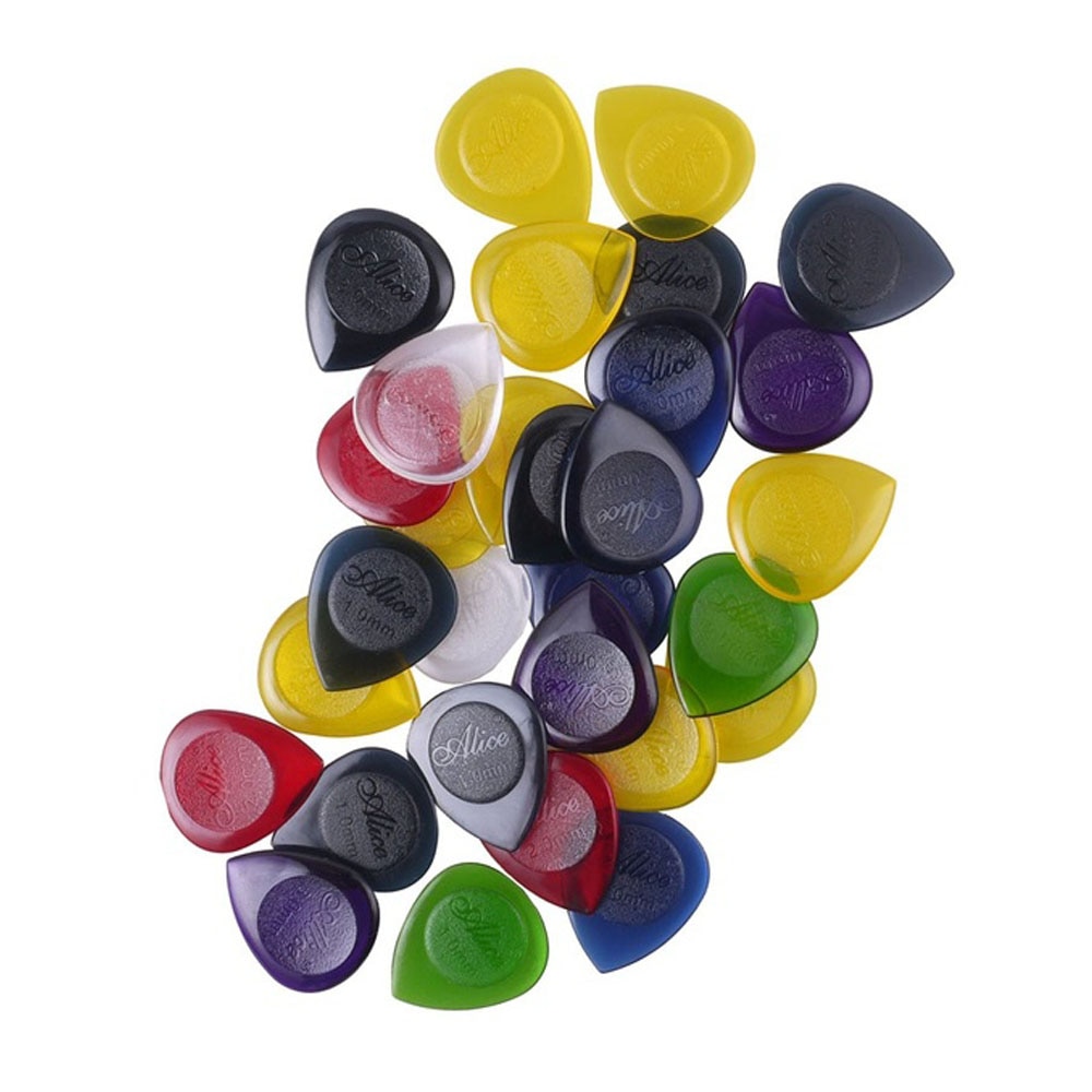 30 st alice gitarr bashackar hållbara genomskinliga ren färg vatten plectrum mix 1.0mm 2.0mm 3.0mm tjocka gitarrdelar