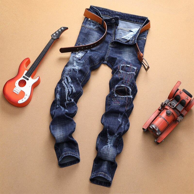 Heren jeans slank gat skinny gerafelde streetwear denim broek hiphop jeans heren gescheurde kokerbroek