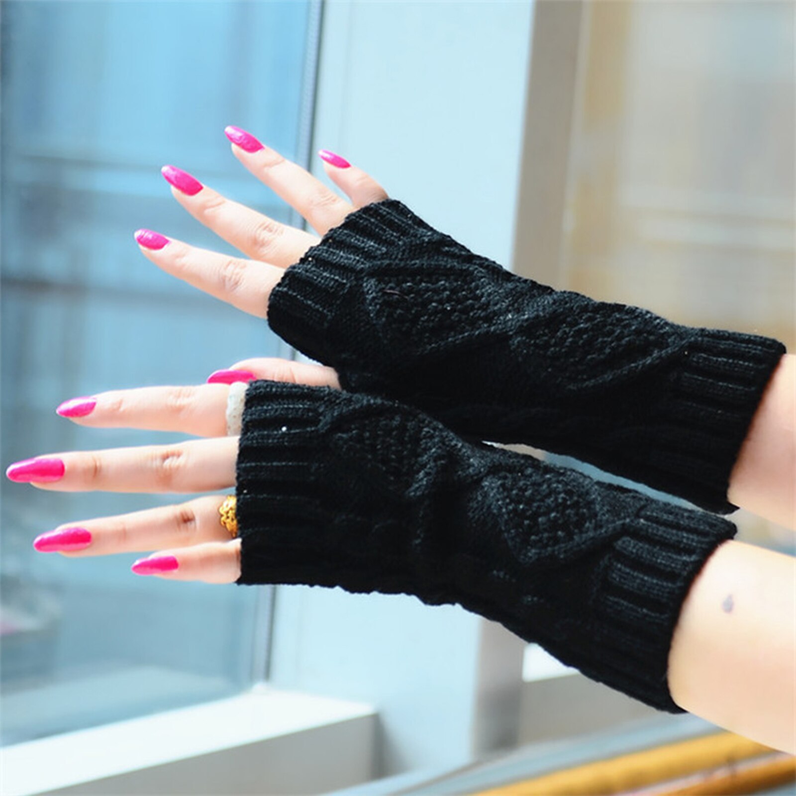 1Pair Warm Knit Fingerless Half Finger Mittens Gloves For Women Winter Outdoor Business Accessories 20cm