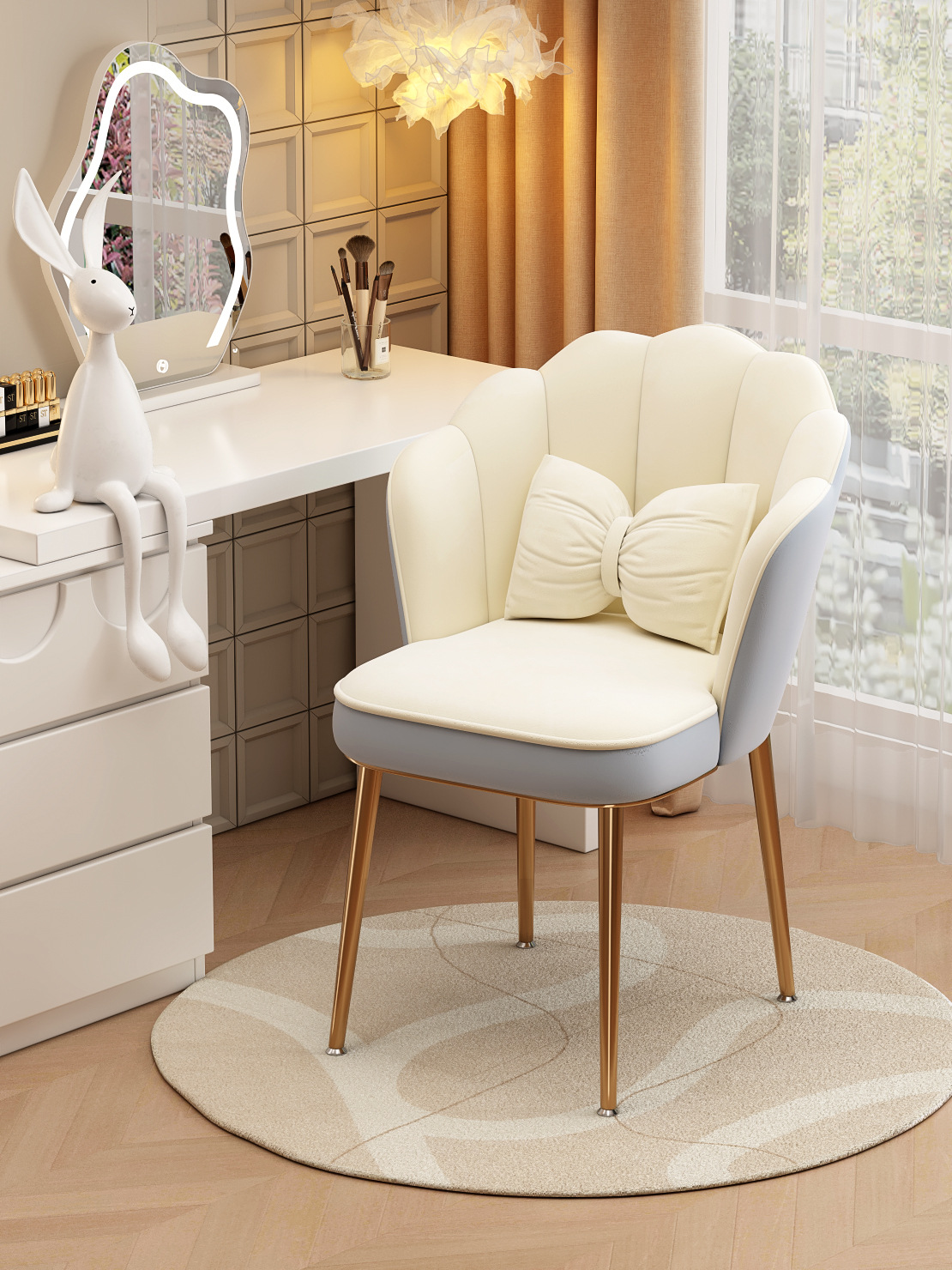 Warming Makeup Chair Velvet Accent Chair Shell Shape Vanity Chairs with Metal Legs Height Adjustable living room dining room: Buff