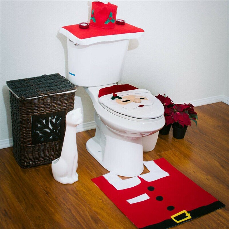3 stk jul xmas boligindretning toilet toilet sæt santa snemand elf jul badesæt (toiletbetræk + tankdæksel + kontur tæppe)