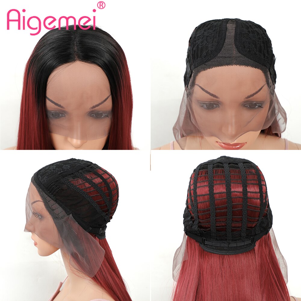 Aimemei-peluca con malla frontal sintética para mujer, pelo largo y liso de fibra de alta temperatura, color negro