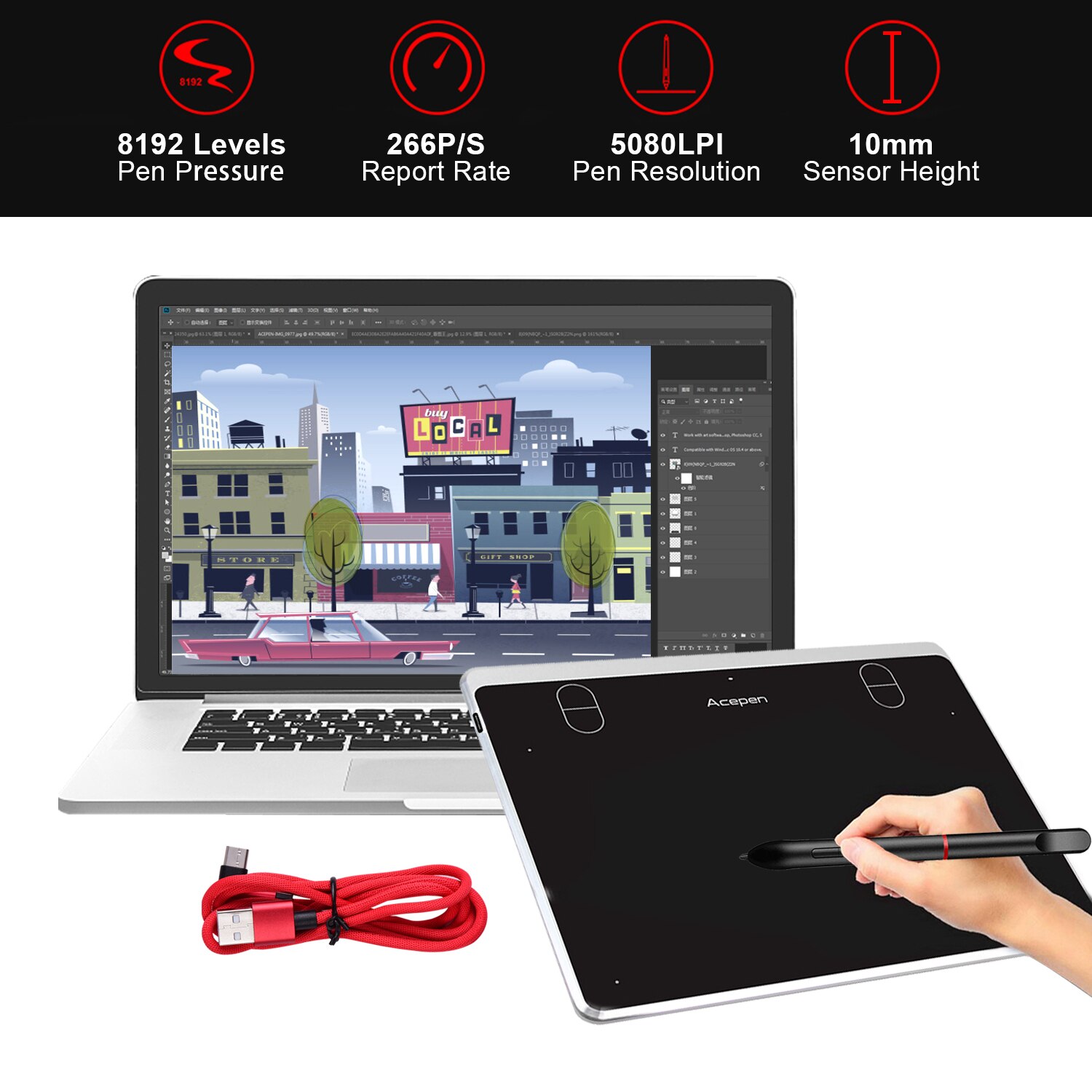 Acepen AP604 Digital Graphic Drawing Tablet Ultra-Thin Board 4 Shortcut Keys Battery-free Passive Stylus 8192 Levels Pressure