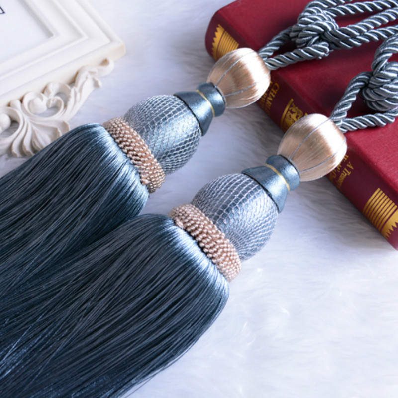 Grand rideau rétro de luxe, 1 paire, attaches à dos avec pompons, embrasses en corde, accessoires de décoration pour la maison: Bleu