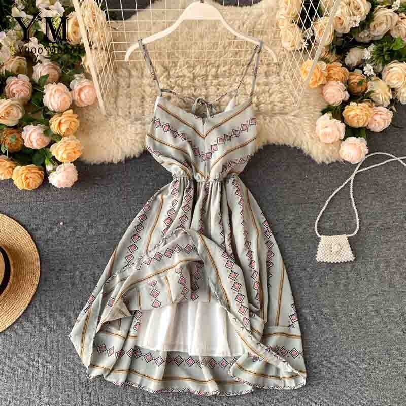 Yuoomuoo Vrouwen Boho Print Jurk Zomer V-hals Backless Bandage Strand Chiffon Jurk Vrouwen Mode A-lijn Jurk Zonnejurk: Blauw