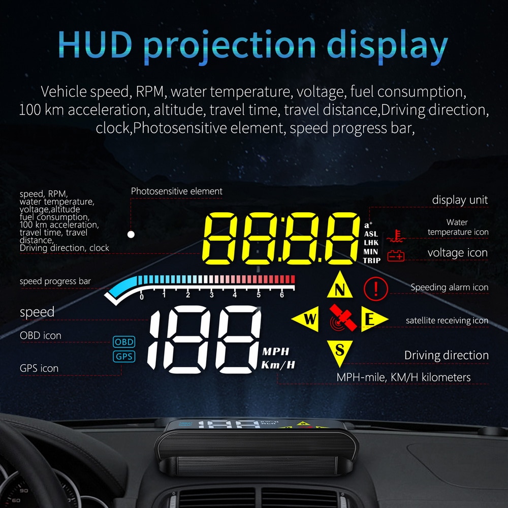 Voiture HUD affichage tête haute OBD2 + GPS compteur vitesse intelligent  jauge