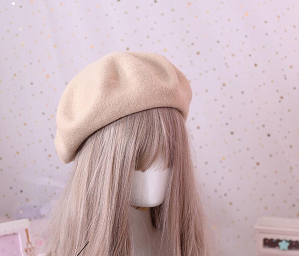 Solid Color Wool Beret for Women Girls Winter Autumn Beanit Hat: Beige