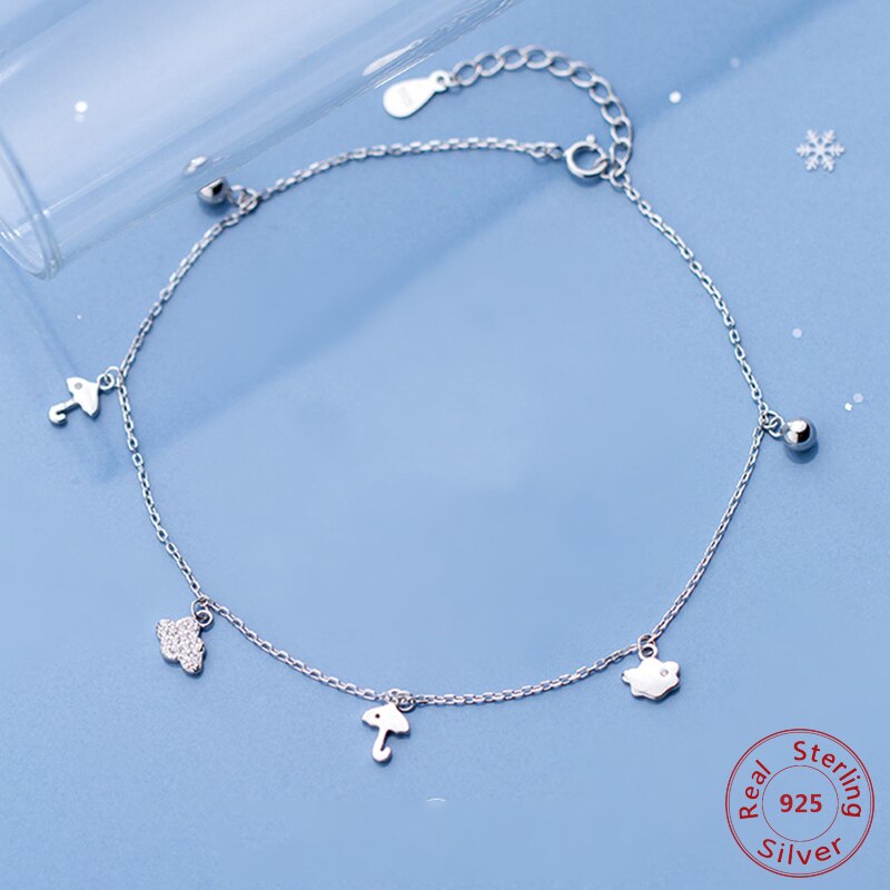 925 Sterling Silver Adjustable Chain Anklet with Small Cloud/Umbrella/Foot Charms Jewelry Female Anklets on Foot