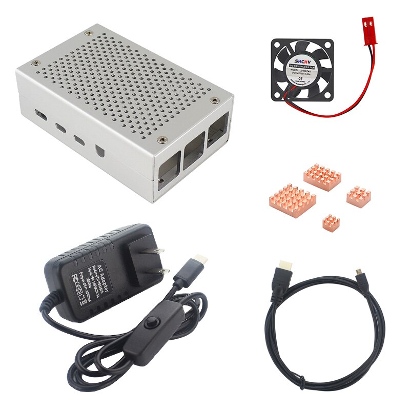 Raspberry  pi 4 aluminium metalkasse + strømforsyning + micro hdmi kabel + køleplade + køleventilator til raspberry 4 model b: Sæt 4