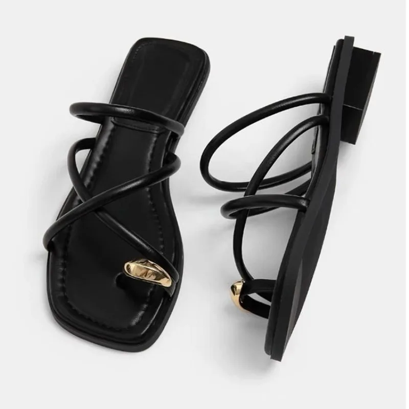 Sandalias romanas de tacón plano para mujer, zapatos de tacón bajo, calzado de Gladiador, Punta abierta, playa, verano, 2024: Negro / 35
