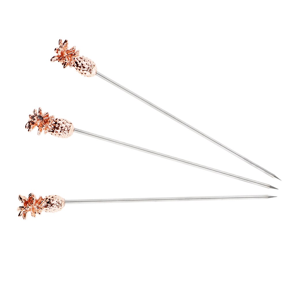 3PCS Stainless Steel Swizzle Sticks Fruit Pineapple Stick Cocktail Pick for Kitchen Bar Accessory Rose Gold