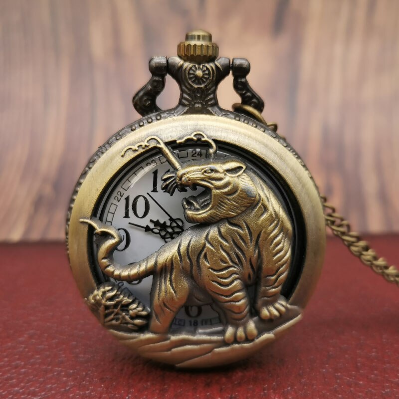 Vintage Antieke Brnonze Hollow Tiger Horloge Zakhorloge Ketting Hanger Klok Souvenir Horloge Mannen Vrouwen Horloge