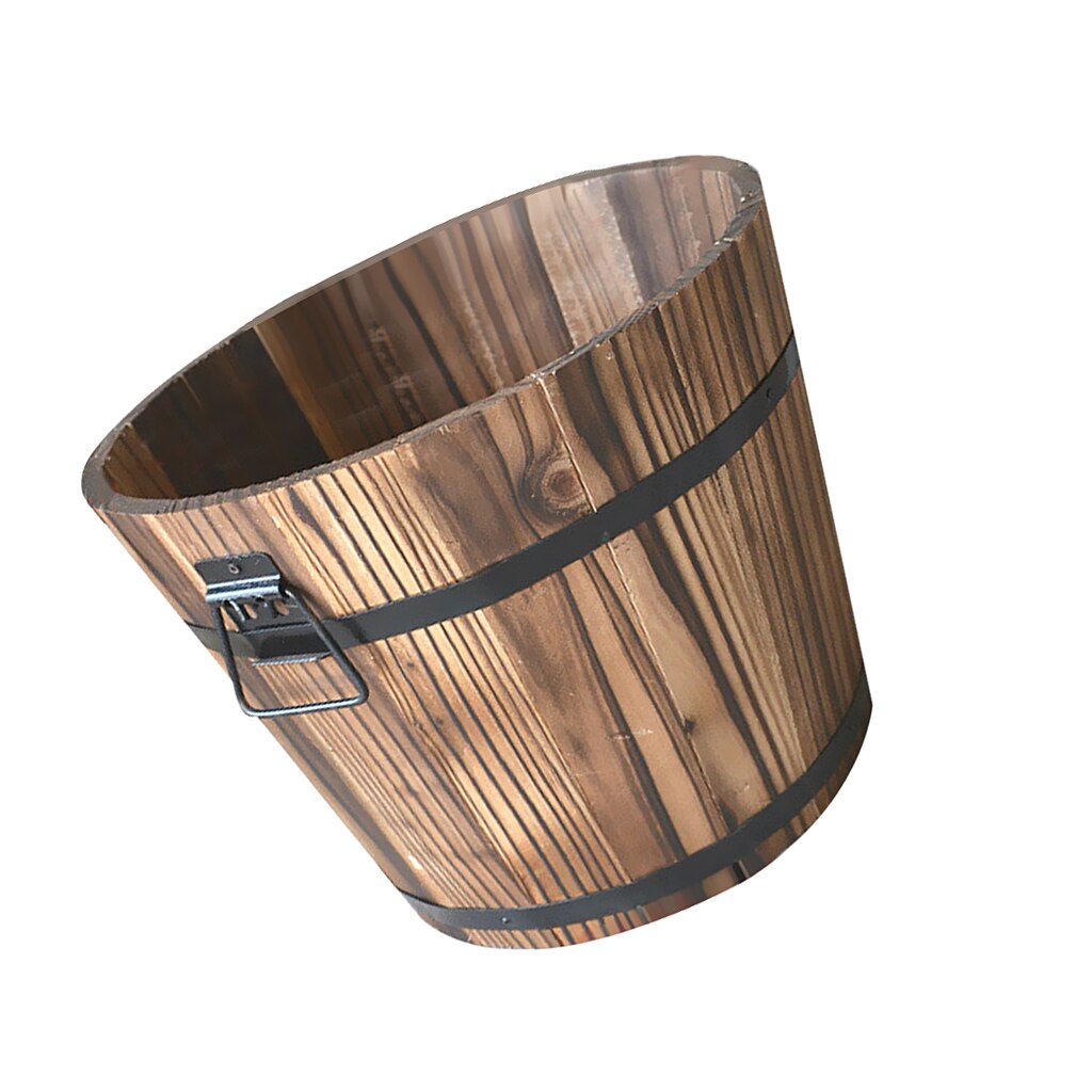 Set Of 2 Rustic Wood Bucket Barrel Rustic Whiskey Flower Garden Planters Pot with Handle for Home Garden Decoration