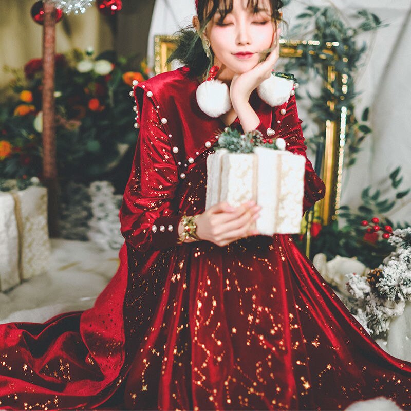 Vestido de terciopelo Lolita para mujer, de té Gótica para túnica roja, Vestidos de Lolita, disfraces de Cosplay de princesa de Navidad
