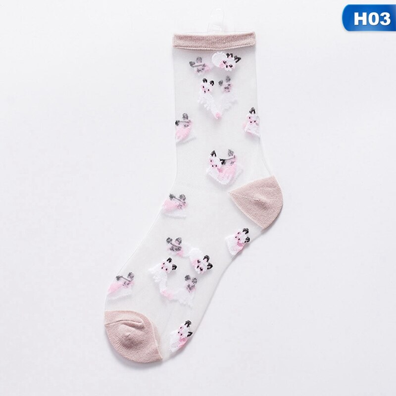 Spring Summer Tube Cotton Socks Breathable Casual Sports Socks Cartoon Animal Transparent Crystal Socks Card Silk Ladies Socks