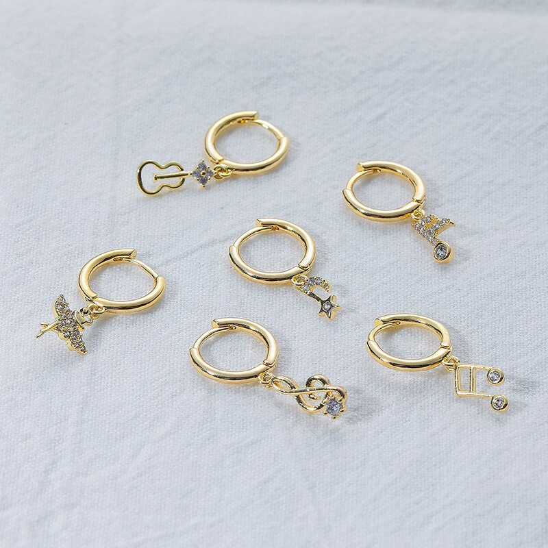 Anenjery Zilveren Kleur Koper Zirkoon Muziek Symbool Hanger Oorbellen Voor Vrouwen Leuke Creatieve Charmante 6 Stuk Oorbel Set Meisje