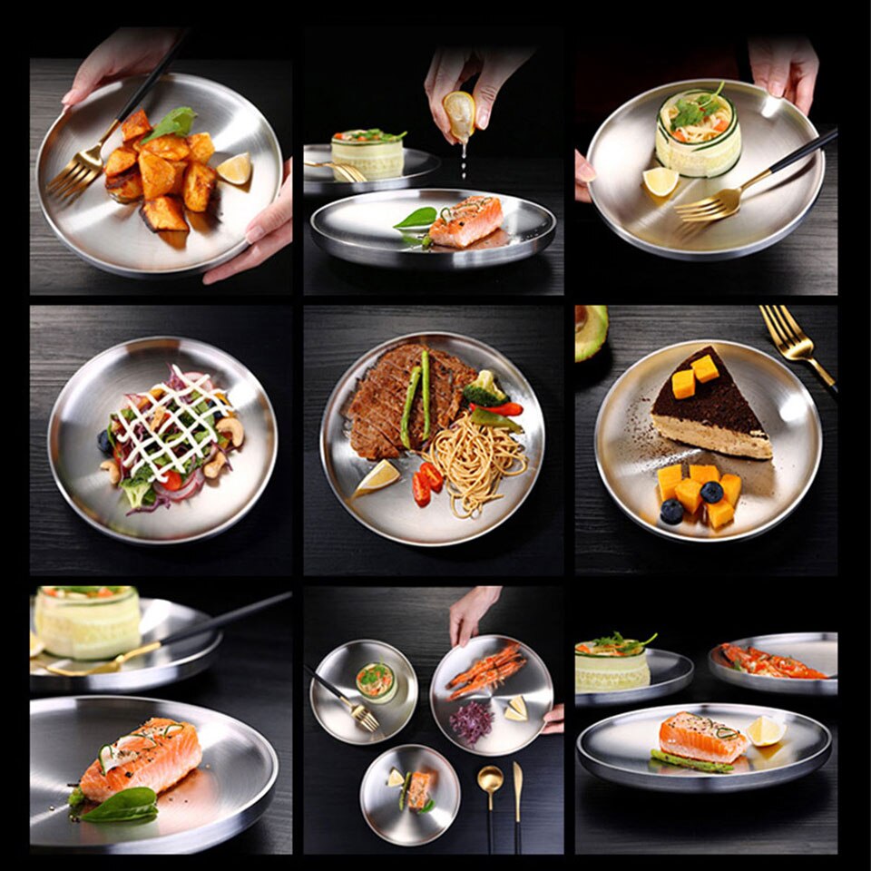 Stainless Steel Dinner Plates Western Tableware Steak Tray Kitchen Serving Dishes Salad Shape Round Plate Cake Dessert Unique