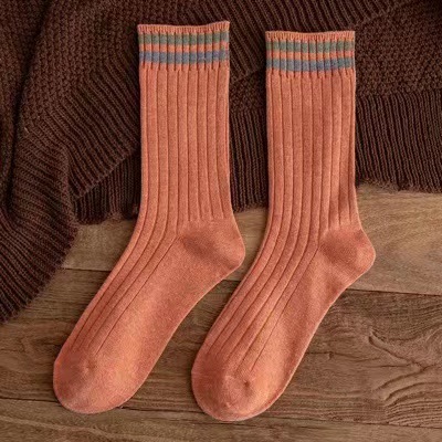 Chaussettes Vintage en coton pour femmes, longues, amples, solides, tricotées, rayées, respirantes, collection printemps-automne: Orange