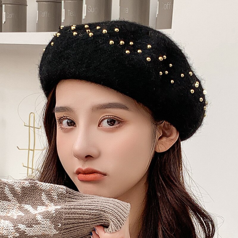 Femmes bérets métal clou perceuse laine couleur unie chapeaux femme Bonnet casquettes dames automne hiver marche chapeau Casquette: Black