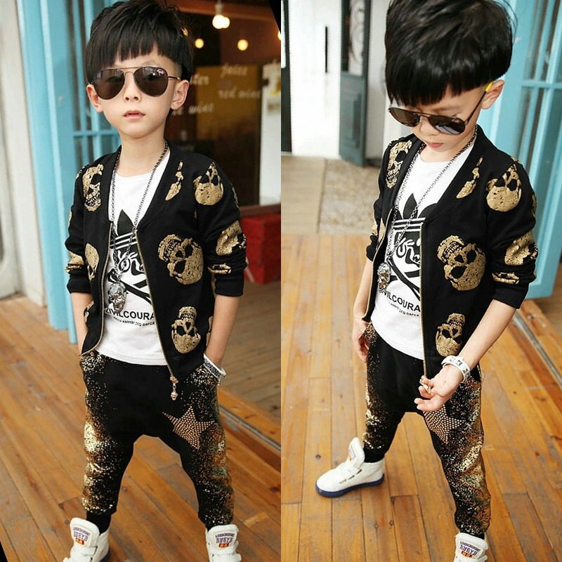 2019 Outono & Primavera Conjuntos de Roupas Meninos com Estampa de Caveira Crianças Streetwear Estilo Europeu Jacket + Calças Crianças Ternos, HC483