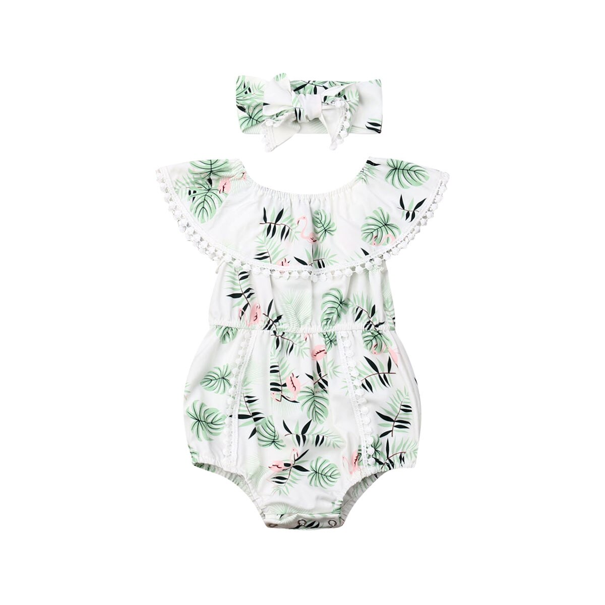 Lovely Newborn Baby Girl Boys Flamingo Bodysuits Headband Clothes Ruffle Sleeve Tassel Jumpsuit Summer Outfit