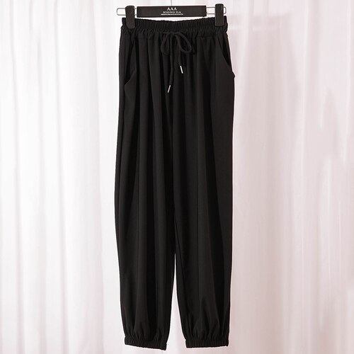 Pantalones largos hasta el tobillo para mujer, ropa de estar por casa, con pliegues cómodos, cintura elástica: black / M