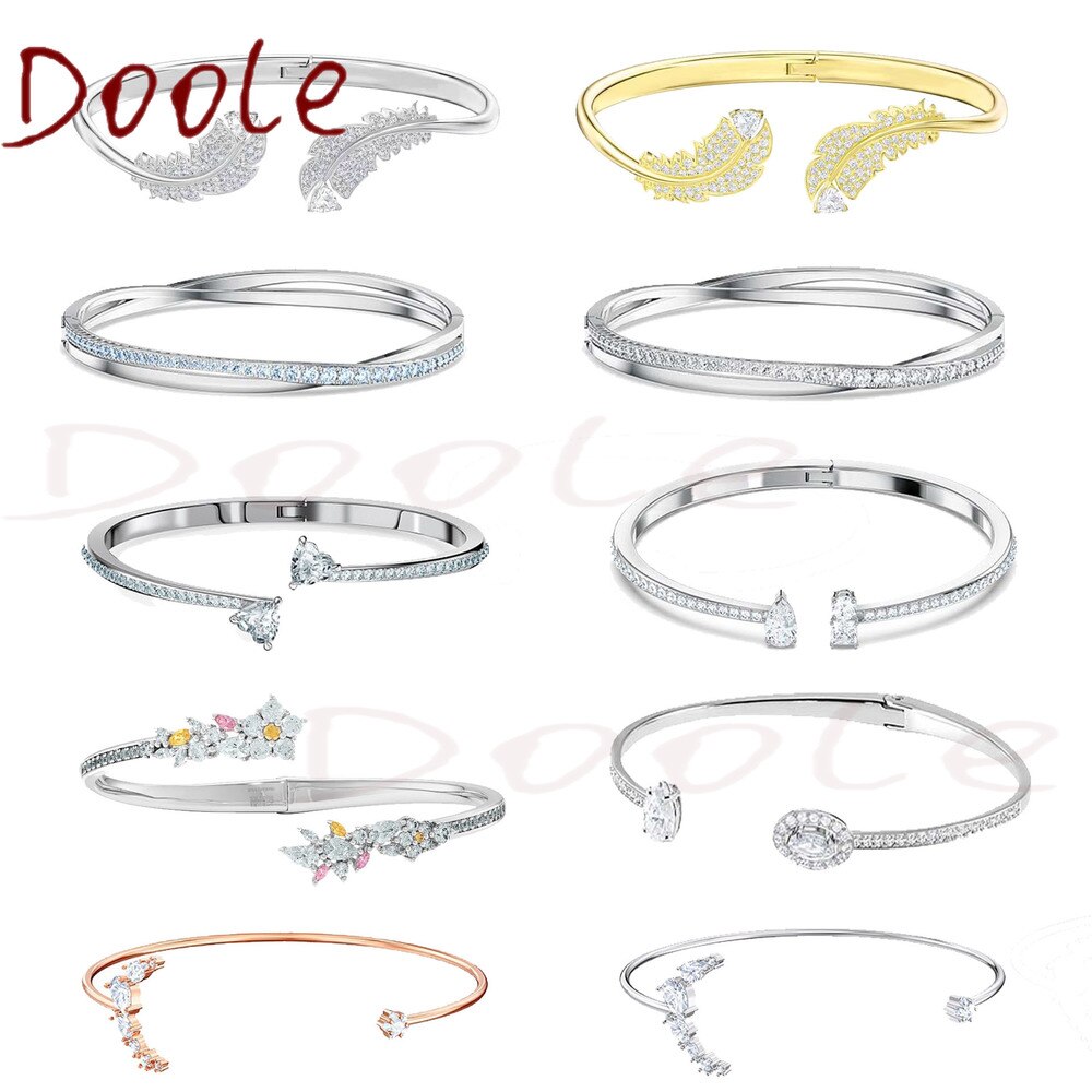 Jewelry SWA1:1, Simple Charm Feather Moon Geometric Crystal Open Bangles For Women