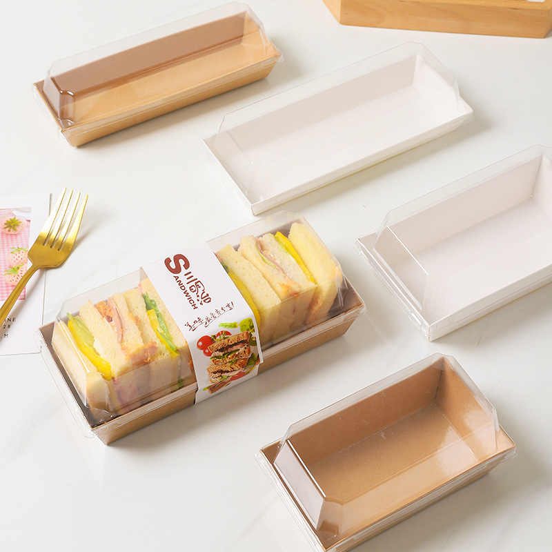 10pcs Rectangular/Square Kraft Paper Box Sandwich Wrapping Boxes With Plastic Clear Lids Cake Bread Snack Bakery Food Packing