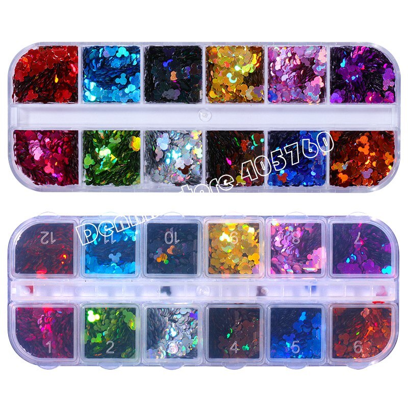 12 Grids/Set 12 Kleuren Glitter Muizen Hoofd Pailletten Nail Art Stickers Slice Decoraties Make Diy Salon Set