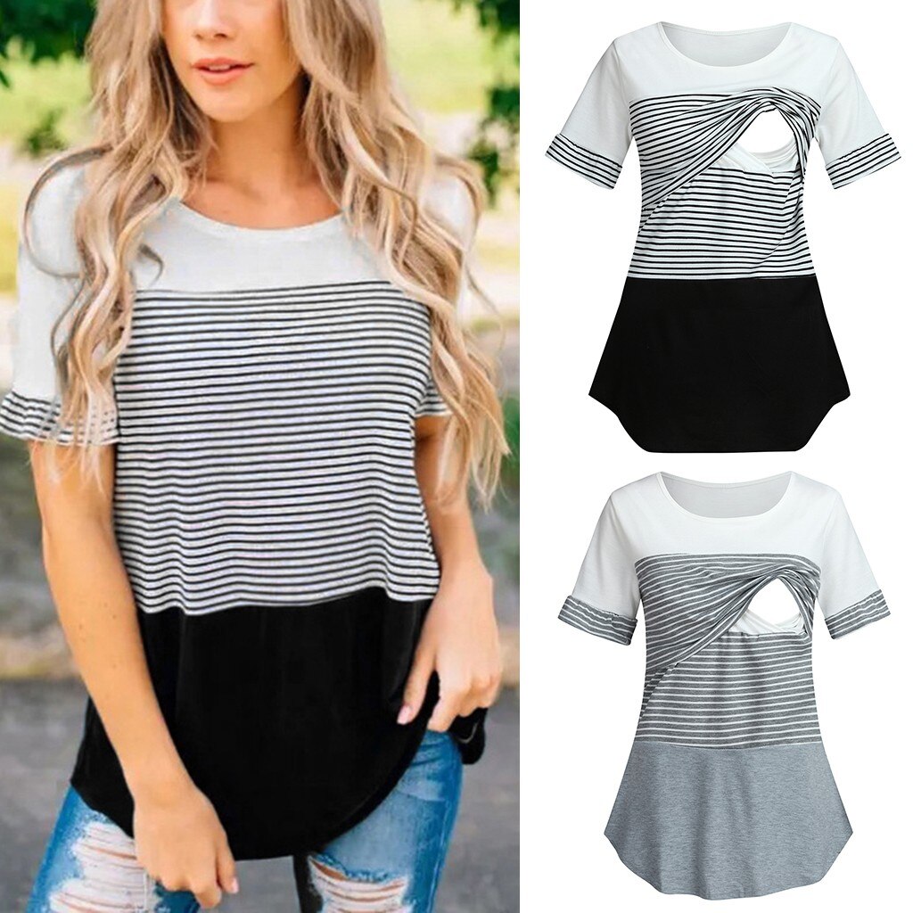 Maternity Clothes Women Maternity Short Sleeve Striped Nursing Baby Pregnancy shirt For Breastfeeding zwangerschaps kleding@30