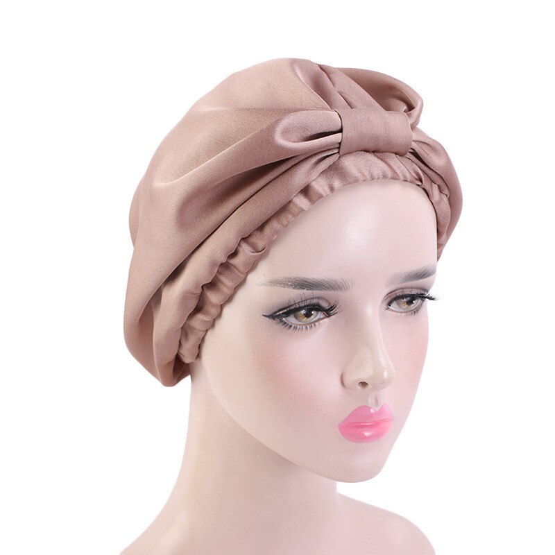 Vanligt fast satin silkeslent hår turban imitation siden dubbelskikt natt sömn mössa knutna huvud täcka hem hatt kemo mössor tb -166