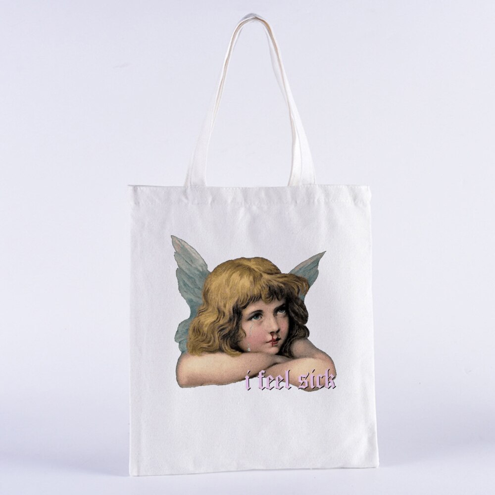 YOU CAN'T SIT WITH US Vintage Harajuku Angel Female College Canvas Shoulder Bag Casual Large Capacity White Totes: B0101-TBWH-M