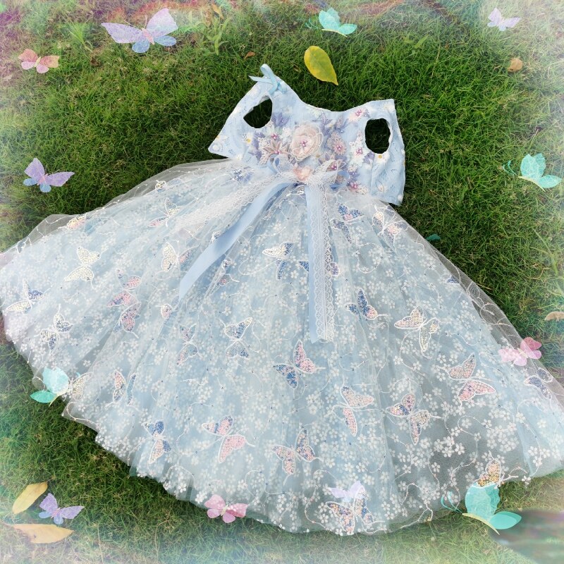 Hond Zomer Jurken Luxe Handgemaakte Blauw Kant Daisy Geborduurd Puppy Hond Prinses Meisje Tailing Jurk Huisdier Kleding Outfits