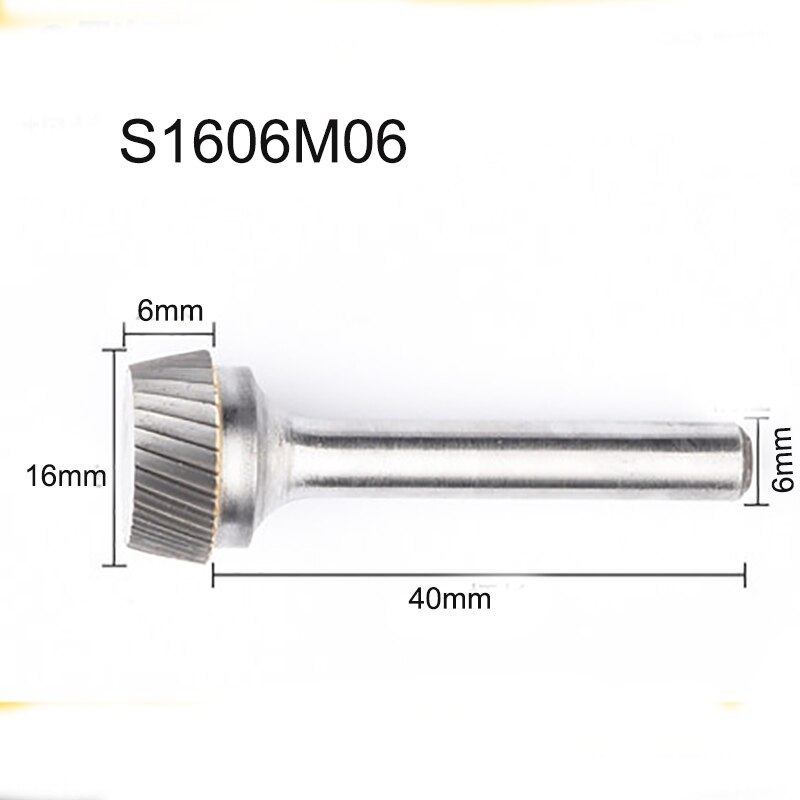 Conical Flat Head Hard Tungsten Steel Wood Carving Tool Grinding Head Milling Cutter S-shaped Rotating Cutter Single Slot: S1606M06