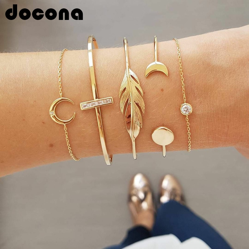 Docona Boho Goud Kleur Crystal Moon Leaf Gelaagde Bangle Set voor Vrouwen Geometrische Opening Bedels Armbanden Set Sieraden Party 6840