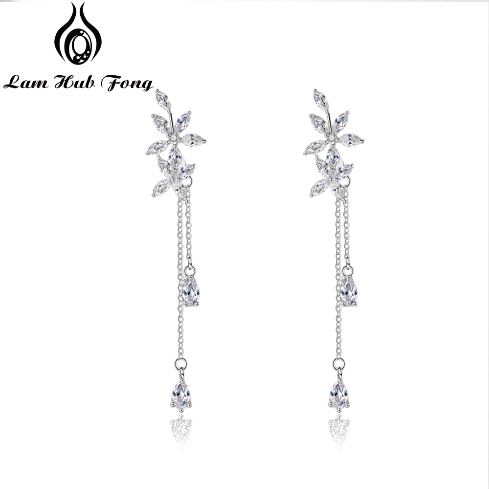 Korean Lange Tropfen Ohrringe 925 Sterling Silber Blume Ohrringe für Frauen Zirkonia Hochzeit Schmuck (Lam Hub Fong)