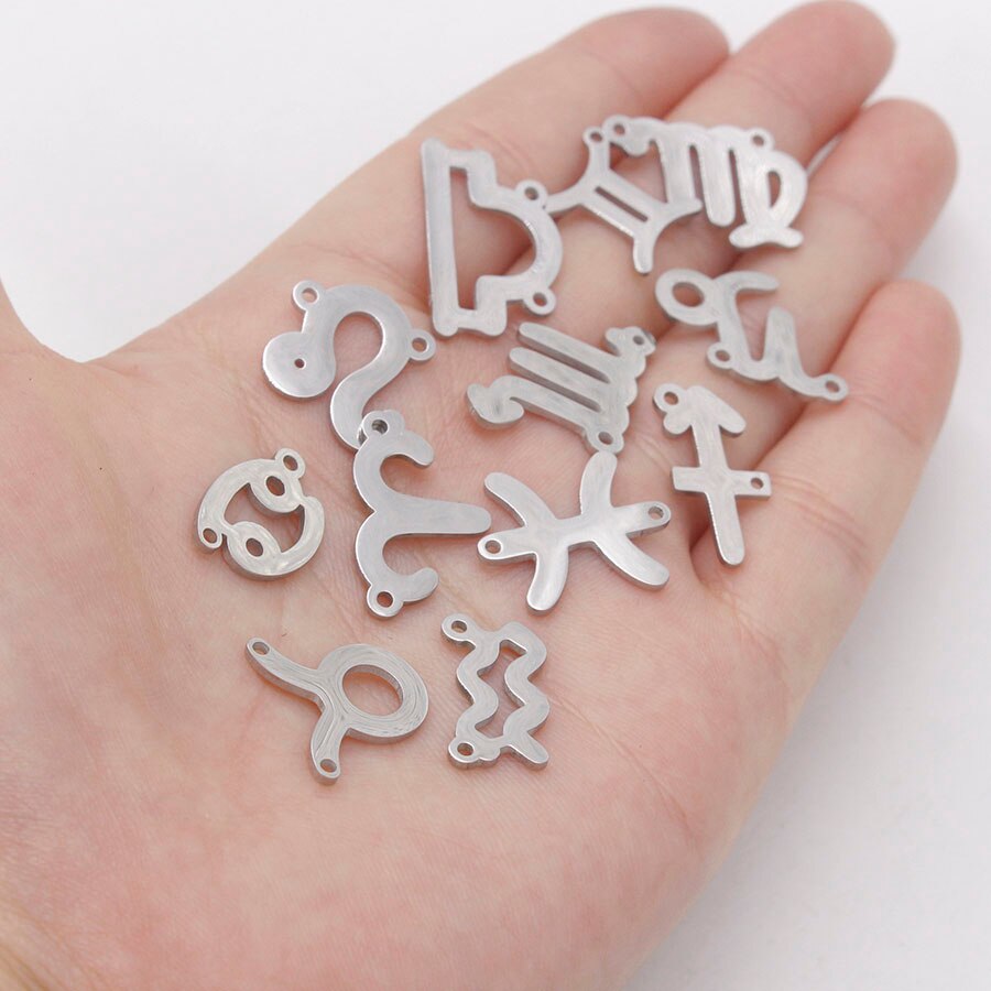 Fnixtar 15mm Mirror Polished Stainless Steel Twelve Zodiac Charms DIY Constellation Connectors Charms DIY Jewelry 12pcs/lot