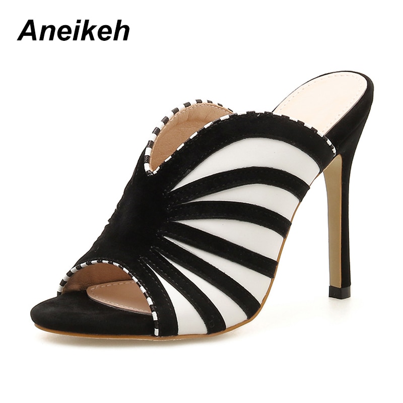 Aneikeh Zebra Stripe Peep Toe High Heel Dress Slippers Summer Slip On Thin Heels Slides Women Mules Black Size 35-40