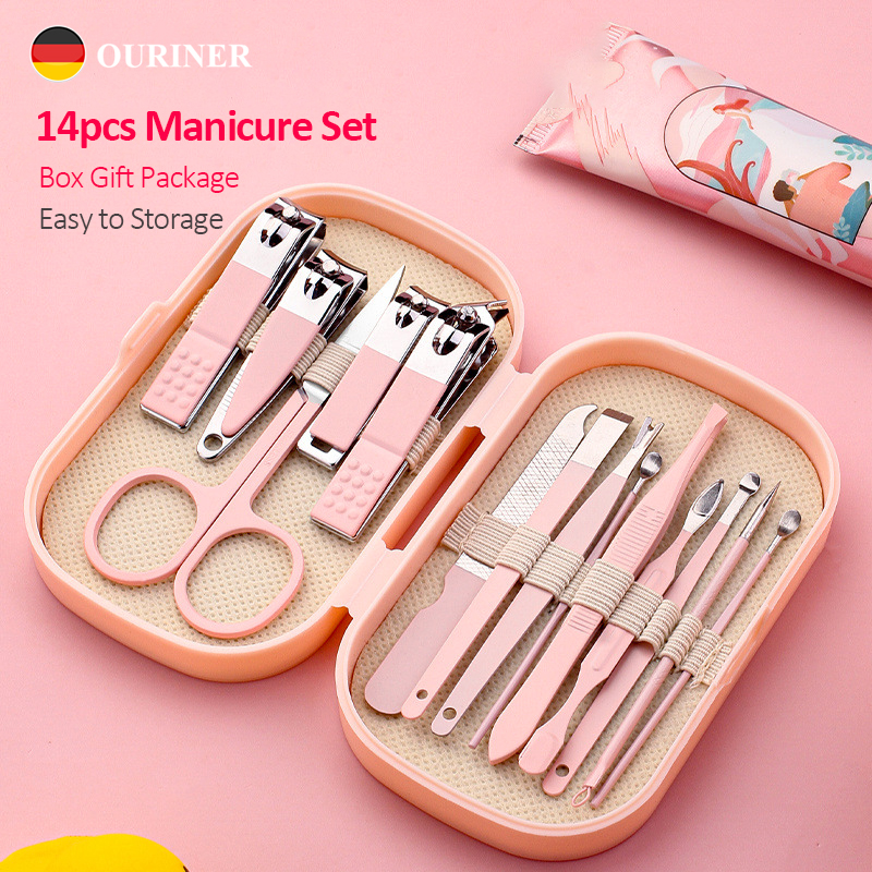 Juego de manicura y pedicura de lujo, tijeras de uñas de acero inoxidable rosa y azul, cortauñas, cuchara para excavación de orejas para hombres y mujeres, 14 piezas