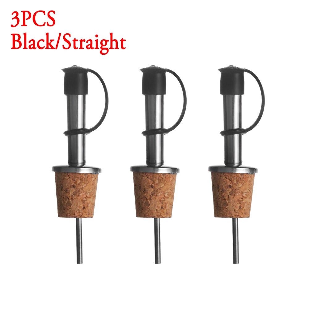 1/3PCS Wine Pourer Oil Bottle Stopper Plug Wooden Cork Stainless Steel Liquor Dispenser Barware: 3PCS Black-Straight